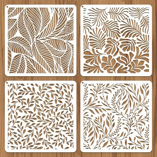 JSRQT 4 plantillas de decoración de hojas y capas texturizadas para pintura, juego reutilizable de plantillas de plástico para muebles, manualidades, lienzo y madera