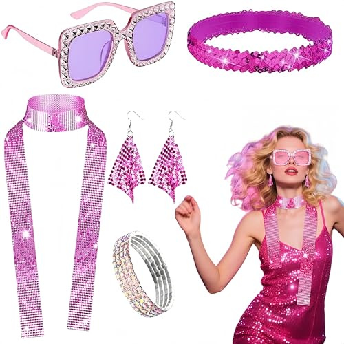 SDXCJY Set di accessori da discoteca con paillettes, sciarpa, occhiali da sole, fascia, braccialetto, orecchini, costume per compleanno, retrò, discoteca, festa a tema, rosa, 6 pezzi