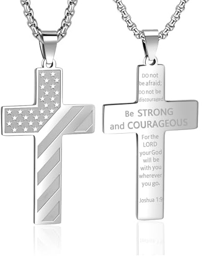 AMAZINGSUN American Flag Cross Necklace for Men,Silver Cross Necklace Gifts