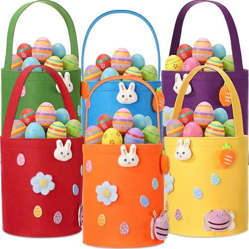 Breling 6 Pcs Large Easter Egg Basket Bulk Easter Bunny Baskets with Handles Reusable Felt Bucket for Candy Gifts Storage Party Favors 10 x 9 x 9 Inch(Rainbow)