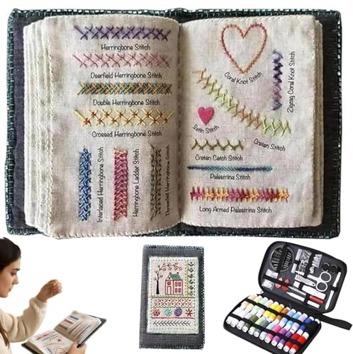Generisch Kit de cuaderno de puntadas para bordar, libro de puntadas portátil, tutorial instruccional, 106 patrones, kit de costura y costura de 86 piezas, coser en cualquier lugar (1 juego)