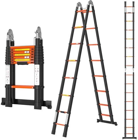 A-Frame Aluminum Telescopic Extension Ladder with Non-Slip Feet, 16.5FT Rv Telescope Foldable Extendable Compact Ladders for House Roof Travel Trailers, Adjustable Retractable, 330lbs Capacity