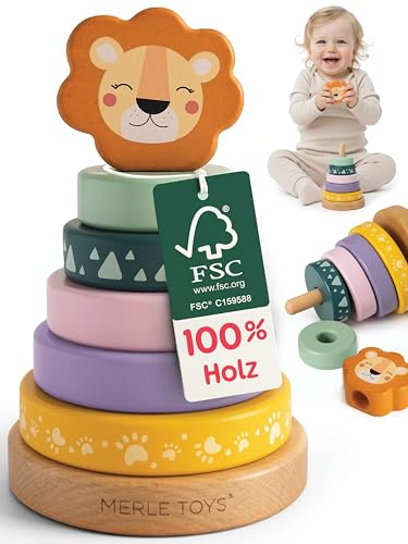 Merle Toys Torre apilable a partir de 1 año, juguete de madera 100 % certificado FSC, torre apilable de madera, juego apilable Montessori a partir de 1 año, sin BPA, torre de inserción, juguete para