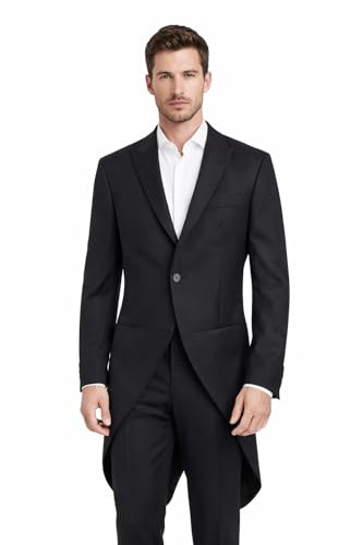 Richard Paul Men's Black Tailcoat Jacket, Slim Fit, 100% Wool, Lightweight, for Wedding and Royal Ascot