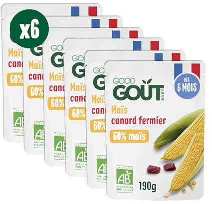 GOOD GOÛT - Maïs Et Canard Fermier Pour Bébé - Dès 6 mois - Purée - Fabriqué En France - Sachets Micro-Ondables - 6x190g
