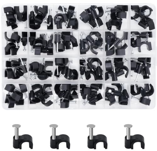 120 clips para cables negros, abrazaderas para clavos, clips de cable, clips de clavos, soporte para cables, abrazaderas para cables, abrazaderas para tornillos, pinzas de cable de alambre para