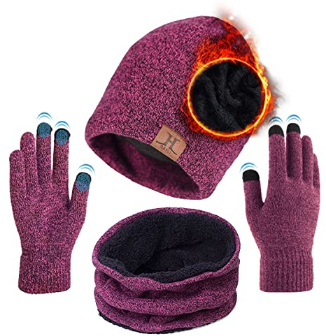 TMEOG Mütze Herren Damen Wintermütze Schal Touchscreen Handschuh Set, Beanie Strickmütze Winter Loop Schal mit Fleecefutter Warmemütze Schlauchschal Handschuhe für Herren Damen, Rosrot