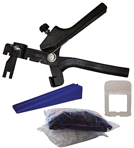 Karl Dahm Fliesen Nivelliersystem/Fliesenkeile Nivelliersystem für 2 mm Fugen: Nivellier-Zange + 100 Keile + 300 Zug-Laschen für Fliesenstärke 12-20 mm I Professionelle Fliesen Verlegehilfe – 12058