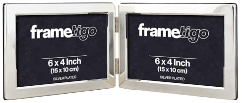 Frametigo - Silver Plated Flat Edge Double Photo Frame, 6x4 (15x10cm) | Landscape Orientation, Velvet Frame Backing & Stand, Real Glass Window, Traditional Silver Picture Frames, Tarnish Resistant