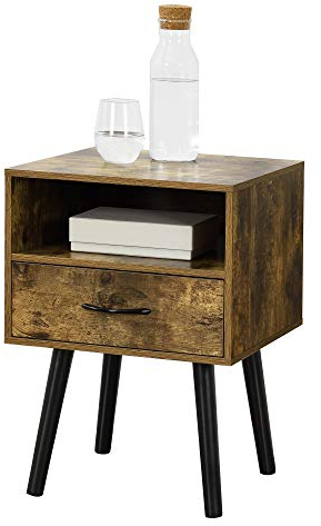 [en.casa] Mesa Auxiliar Gävle Elegante Mesilla de Noche con Cajón y un Compartimento Abierto para Dormitorio Salón Aglomerado 57 x 42 x 40 cm - Efecto Madera Oscura