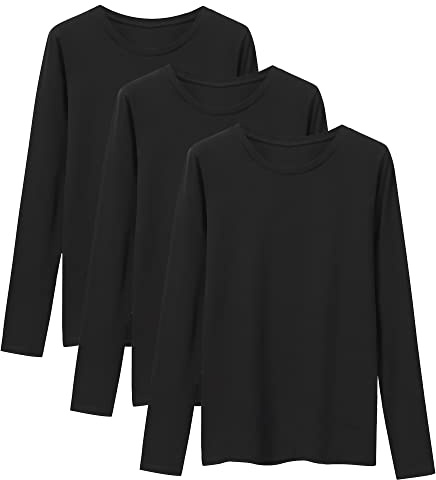 LiKing Camiseta de Manga Larga Mujer Básico Camisa Blusas Tops con Cuello Redondo en Algodón, Pack de 3 Negro 6151 Small