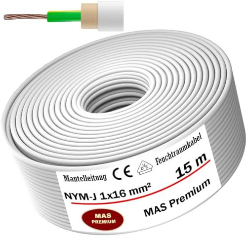 Cable de alimentación para ambientes húmedos de 5 a 100 m, NYM-J 1 x 16 mm², anillo de cable eléctrico para una instalación fija (15 m)
