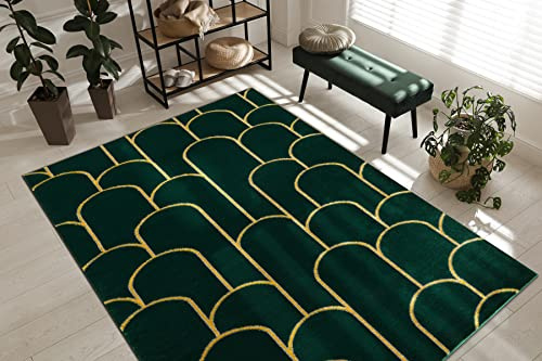 Rugsx Tapis Exclusif Emerald - Tapis Glamour, Élégant pour Le Salon, Chambre à Coucher, Bureau, Dressing - Art déco Vert Bouteille/Or 80x150 cm