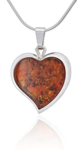 AMBEDORA Damen Sterling Silber Halskette Polierte Silber Finish mit Nano-Beschichtung Baltisches Bernstein Herz, Bernstein Herz Anhänger Größe L an Kette, Geschenkset
