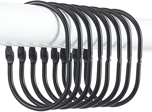 Goowin Shower Curtain Hooks, 24 Pcs Shower Curtain Rings Rust Proof Metal Oval Rings Clasp Closed Shower Curtain Rings for Bathroom Shower Rods Curtains（Black）