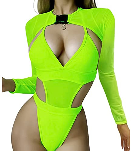 Laughhe 2 pezzi da Donna Rave Abiti Neon Body Crop Top, Bikini da Donna Rave Outfits, Lunga Costumi da Bagno Mesh Shrug con Fibbia per Festival Club Party (S)