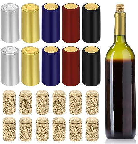 Swpeet Lot de 60 capsules thermorétractables en PVC 5 couleurs argentées, noires, rouges, dorées, bleues et naturelles pour bouteilles de vin et bouchons en liège