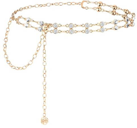 Amaxiu Ceinture en chaîne en strass pour femme, pour robe fleurs ceinture en métal, ceinture en cristal réglable, ceinture fine de mariage(or)