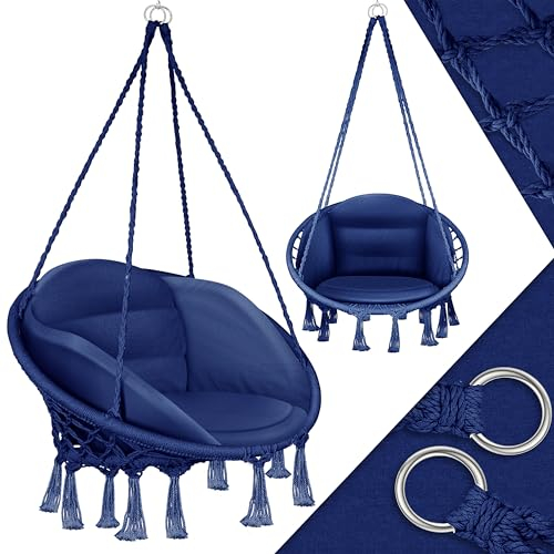 KESSER® Hängesessel 150kg mit 2 Stahlringe Sitzpolster geflochten Fransen Hängestuhl Hängekorb Schaukelkorb Garten Indoor wetterfest, wasserabweisend, Navyblau