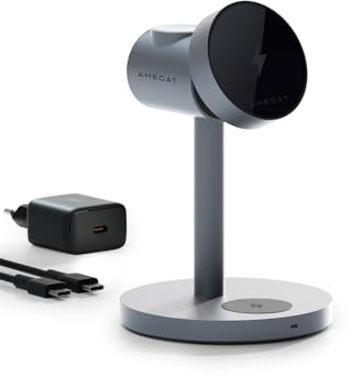 AMEGAT Station de Charge 3 en 1, Qi2 15W Chargeur sans Fil Compatible avec MagSafe pour iPhone 17/Air/16/15/14/13/12,Station de Recharge pour Apple Watch et AirPods, Gris (30W Chargeur Inclus)