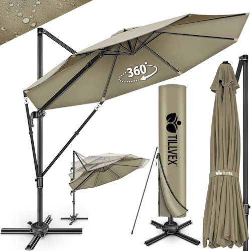 tillvex® Premium Alu Sonnenschirm 330 cm + Abdeckung & Windsicherung | Ampelschirm 6-Fach verstellbar mit Kurbel | Gartenschirm 360° Drehbar Neigbar Kippbar | UV50+ wasserdicht