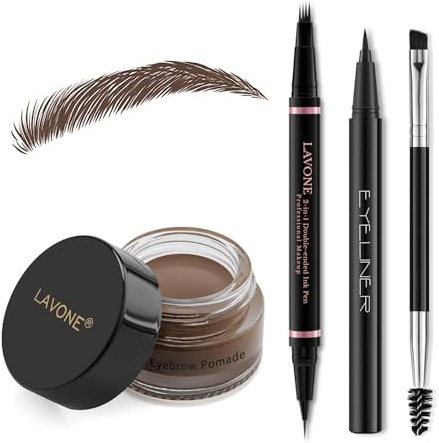 LAVONE Eyebrow Pencil Makeup Kit Waterproof 2-IN-1 Microblading Pen/Pomade Eyeliner and Dual-ended Brush, Brow Pencil Kit for Natural Eyebrows, Dark Brown