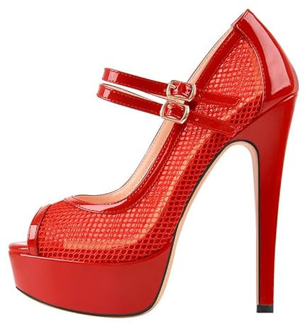 MissHeel Plateau Mary Janes Mesh Riemchenpumps High Heels Schnallen Knöchelschnallen Rot 37 EU