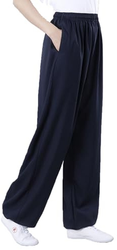 Men Women Cotton Linen Tai Chi Pants Training Kung Fu Trousers Martial Arts Bottoms (Navy blue, XL)