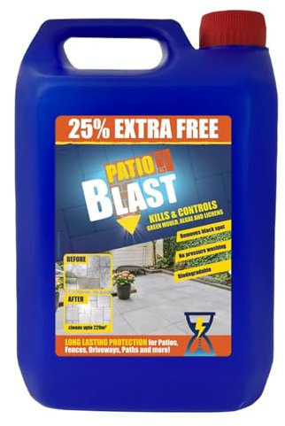 Patio Blast Líquido limpiador – Removedor de algas, musgo y moho de alta eficiencia para jardín, caminos, unidades y terrazas – Fórmula de spray y hojas de larga duración, 5 litros