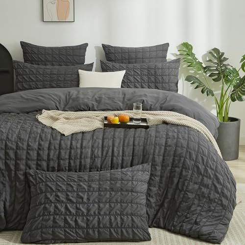 Boqingzhu Seersucker Bettwäsche Set Grau Anthrazit 135x200cm Atmungsaktiv Kühlend für Sommer Bettbezug & Kissenbezug mit Reißverschluss