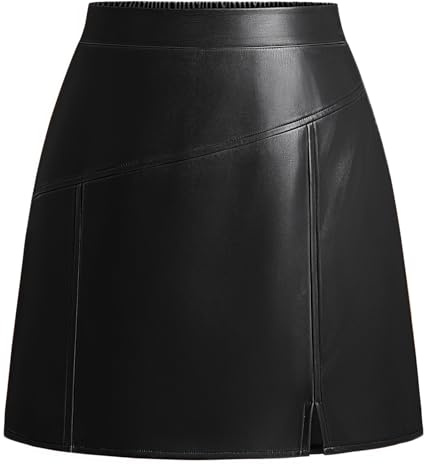 Kate Kasin Women Black Leather Mini Skirt High Waisted A Line Short Skirt with Slit for Casual Work Club Party Date Night Out