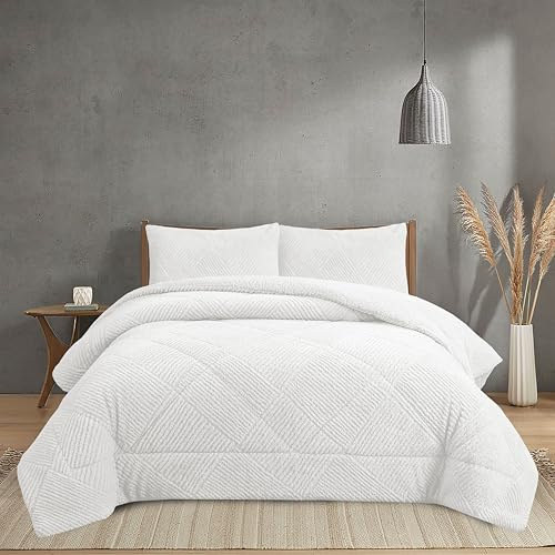 NH NOVOTEXTIL HOGAR Edredón Invierno Sherpa Cama 135 (230x260) Extra Grueso 560gr/m2 Efecto Borreguito - Edredón Suave, Cálido y Transpirable con 2 Fundas Almohada (50x70) (Belfast Blanco)