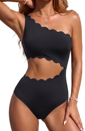 Yonique Women's One Piece Bathing Suit One Shoulder Swimsuit Cutout Swimwear Monokini, Scalloped Black, XL
