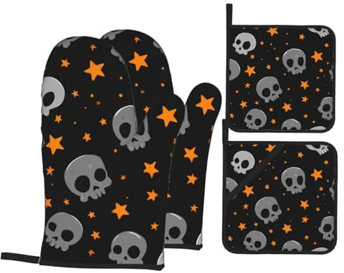 Ugnshandskar och grytlappar grå skalle halloween halkfria kökshandskar temperaturskydd bakhandske för bakverk bakning set med 4 st