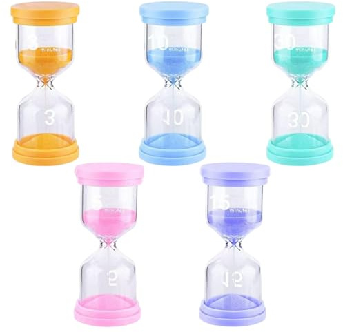 5 Articoli Clessidra, Materiale in Vetro 3/5/10/15/30 Minuti, Clessidra Bambini Aiuto Didattico con la Sabbia Colorata, Adatto a Scuole, Cucine, Uffici e Case