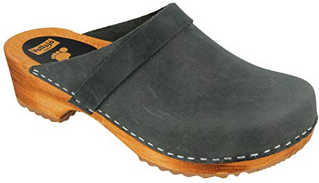 Vollsjö Femme Sabot en Bois Et Cuir/Suède Chaussures À Enfiler, Clogs À La Mode Et Confortable, Sandales Dames Chaussons Classiques Mules, Manuellement Fabriqué en EU, 36, Suède - Gris