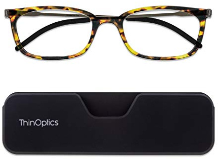 ThinOptics Connect Ultra-Thin Reading Glasses 1.00 Tortoiseshell Frames - Magnetic Case Attaches to Phone - +1.0 Strength Rectangular Readers - Unisex for Men & Woman
