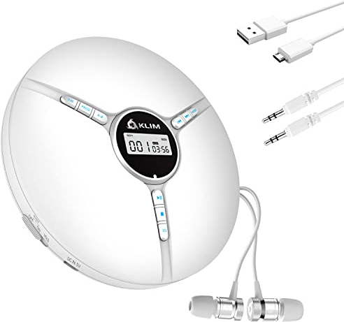 KLIM Discman Portable CD Player with Headphones, Built-in Battery - New - CD Players for Home, Car - Compatible w/SD Card, CD, CD-R, CD-RW, MP3, WMA - 5 EQ Effects - Walkman CD Player - White