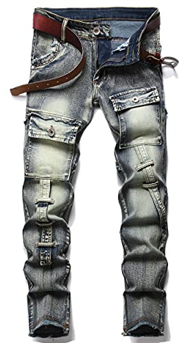 XIMXIMMTIAN Men's Biker Moto Washed Distressed Slim Fit Straight Jeans Denim (32, 2126 Blue)