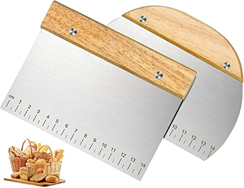 LATRAT Set of 2 Dough Scrapers, Dough Card with Wooden Handle, Stainless Steel, Multifunctional Kitchen Utensils, Suitable for Bakers or Beginners