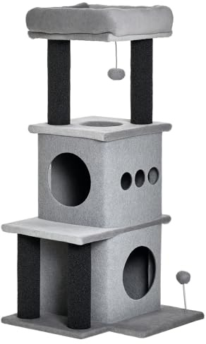 PawHut Arbre à Chats Design Cosy Chic Multi-équipements Centre d'activités niches Plateformes lit Jeu Boule feutres Amovibles lavables Panneaux de Particules Peluche Courte 48 x 48 x 100 cm Gris