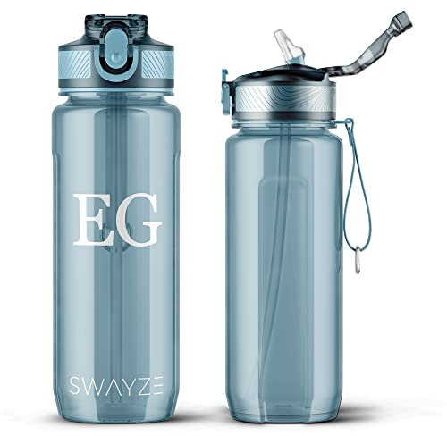 Personalised INITIALS Water Bottle with Straw 800ml Water Bottle, BPA Free Leakproof Lockable Flip Lid Drink Bottle Sports Gym School Camping Office Walking (Blue - Personalised)