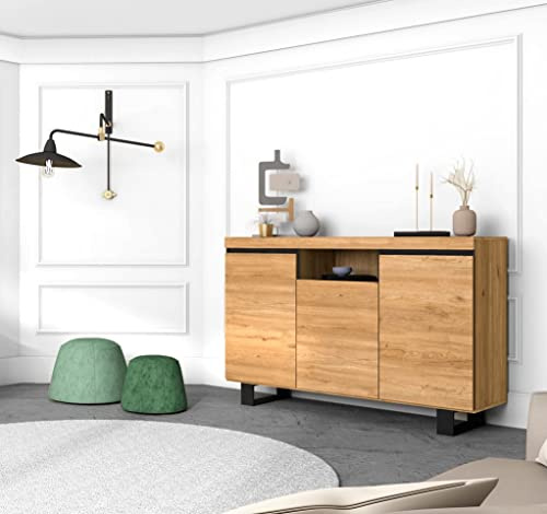 Skraut Home | Buffet Salon 3 Puertas 1 Compartimento | 140 x 40 x 92 cm | Comedor | Oficina | Acabado Color Roble/Negro Nordico