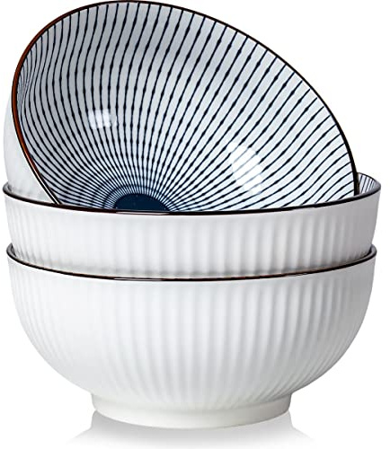 Houlu 60 oz Pho Bowls, Large Soup Bowl, Japanese Ramen Bowl Set, 8 inches Big Porcelain Bowls Set of 3, Striped Pattern