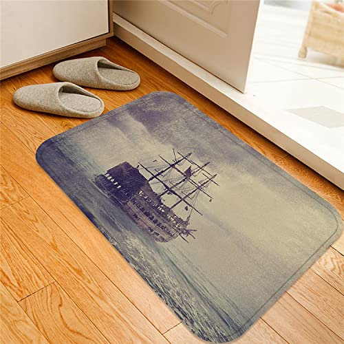 ESVET Badematte rutschfest Teppich,Nautisches altes Piratenschiff in der Seehistorischen Kreuzfahrt-Retro-Reise-Schmutz-Art-Kunst-Tan-Pflaume,Badezimmer Set Matte rutschfest WC-Vorleger 40 x 60 cm