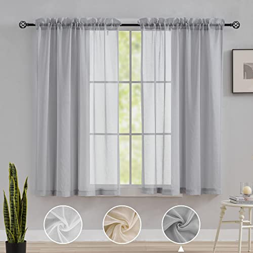 Home Brilliant Short Woven Voile Curtains for Bedroom 45 Drop, Net Sheer Curtains for Kitchens, 54 x 45 Inch, 114 CM Drop, Light Grey