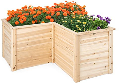 COSTWAY Letto Rialzato da Giardino in Legno, Fioriera da Esterno a Forma di L con Base Aperta, Aiuola per Frutto, Erbe, Verdure e Fiori da Blacone, Cortile e Prato, 120 x 120 x 63 cm (Naturale)