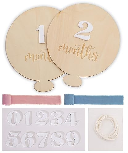 Wooden Hot Air Balloon Interchangeable Milestone Cards Set - My First Year Milestones Sign, Baby Monthly Balloons Milestone Marker, Boho Monthly Milestones Photo Props For Boy/Girl, Baby Photo Wooden