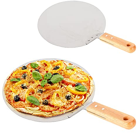 BAOCHADA Pala per pizza in acciaio inossidabile, paletta per pizza rotonda con manico in legno, pala per pizza, torta di fiamme e pane, argento