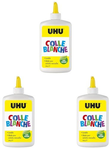 UHU colle blanche - Colle blanche multi matériaux, sans solvants, lavable à l'eau, spatule intégrée, bouteille souple de 250g (Lot de 3)